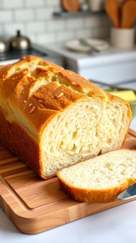 A loaf of gluten-free cottage cheese bread sliced on a cutting board, with butter and a knife beside it.